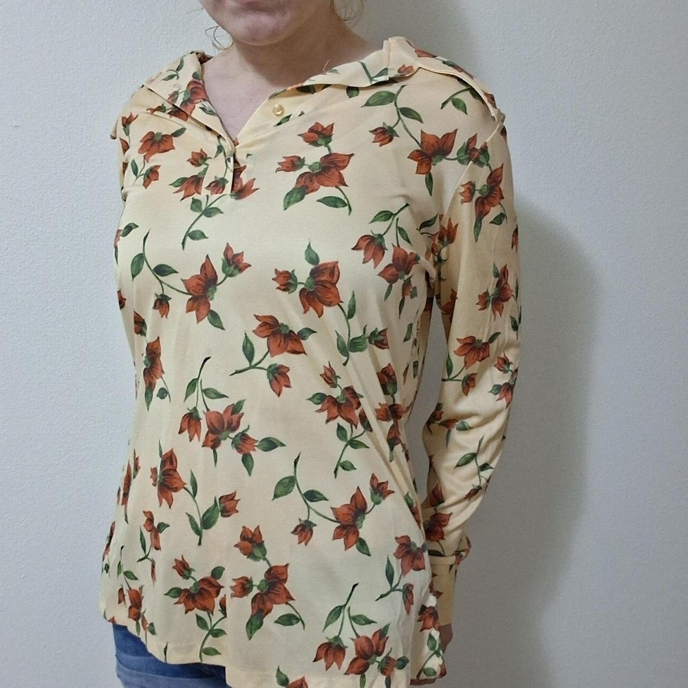 Vintage 70s Floral Dagger Collar Blouse Yellow Red M